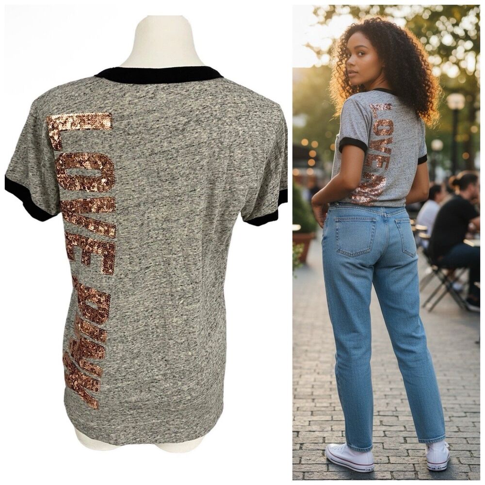 PINK Top Womens Large T Shirt Sequin Spell Out Work Casual Knit Gray Sporty